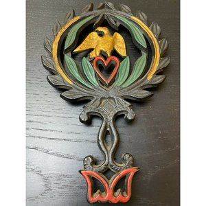 JZH CAST IRON GOLDEN EAGLE OVER RED HEART VINTAGE HAND PAINTED TRIVET HOT PLATE